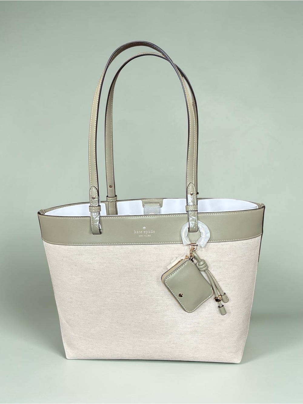 kate spade Beige Canvas Tote with Sage Trim